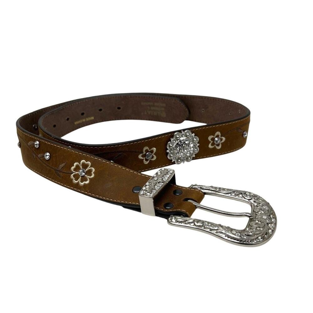 Ariat Women's Floral Embroidered Leather Belt Rhinestones Flower Conchos Size L